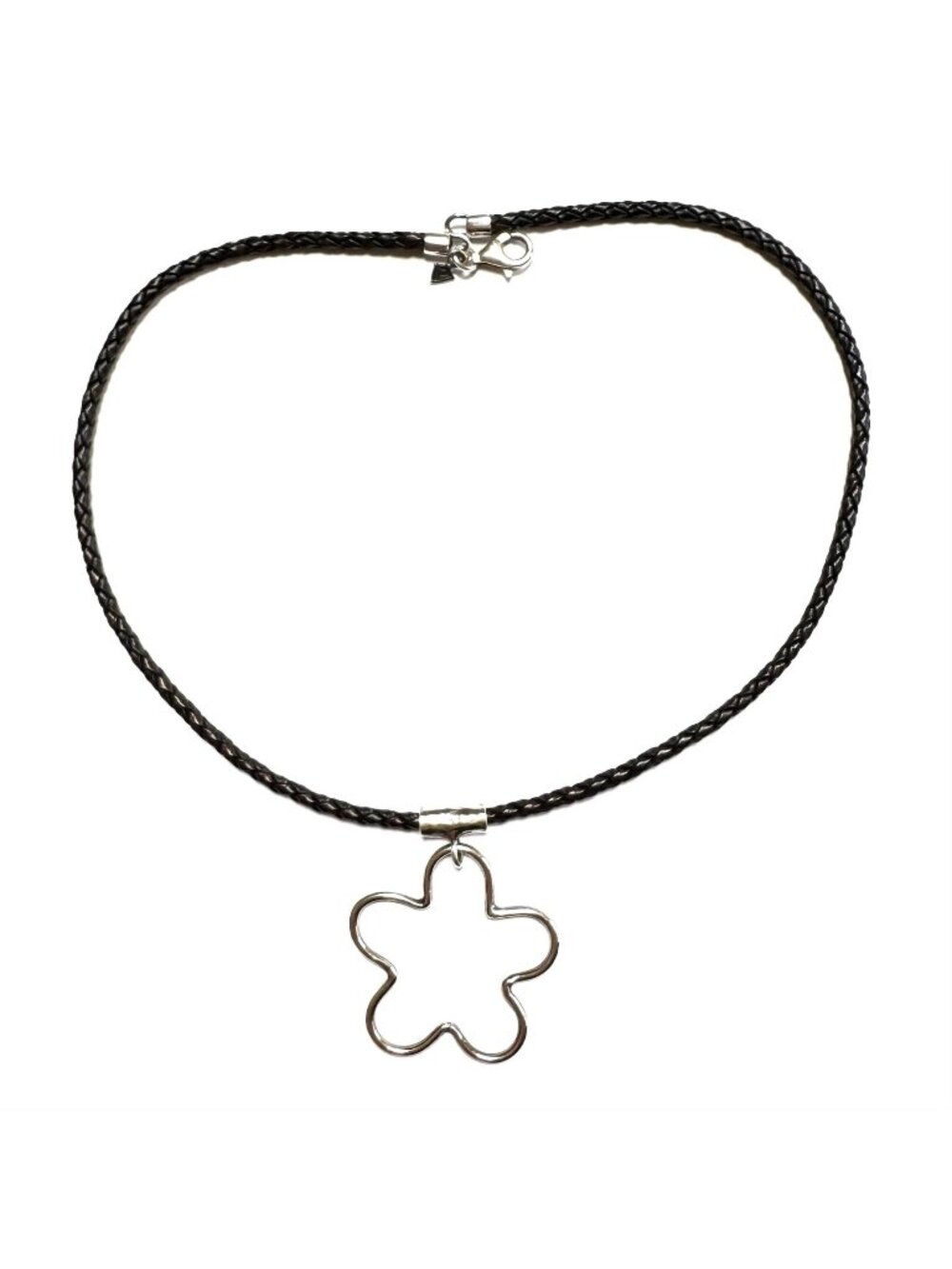 SILPADA Necklace Flower Pendant Sterling Silver Braided Leather N1726